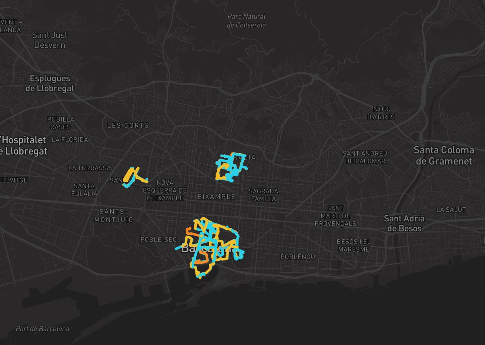 Mapa de cobertura GPS real de la campaña de Big Fun Museum por Gràcia, Sants y Ciutat Vella, Barcelona