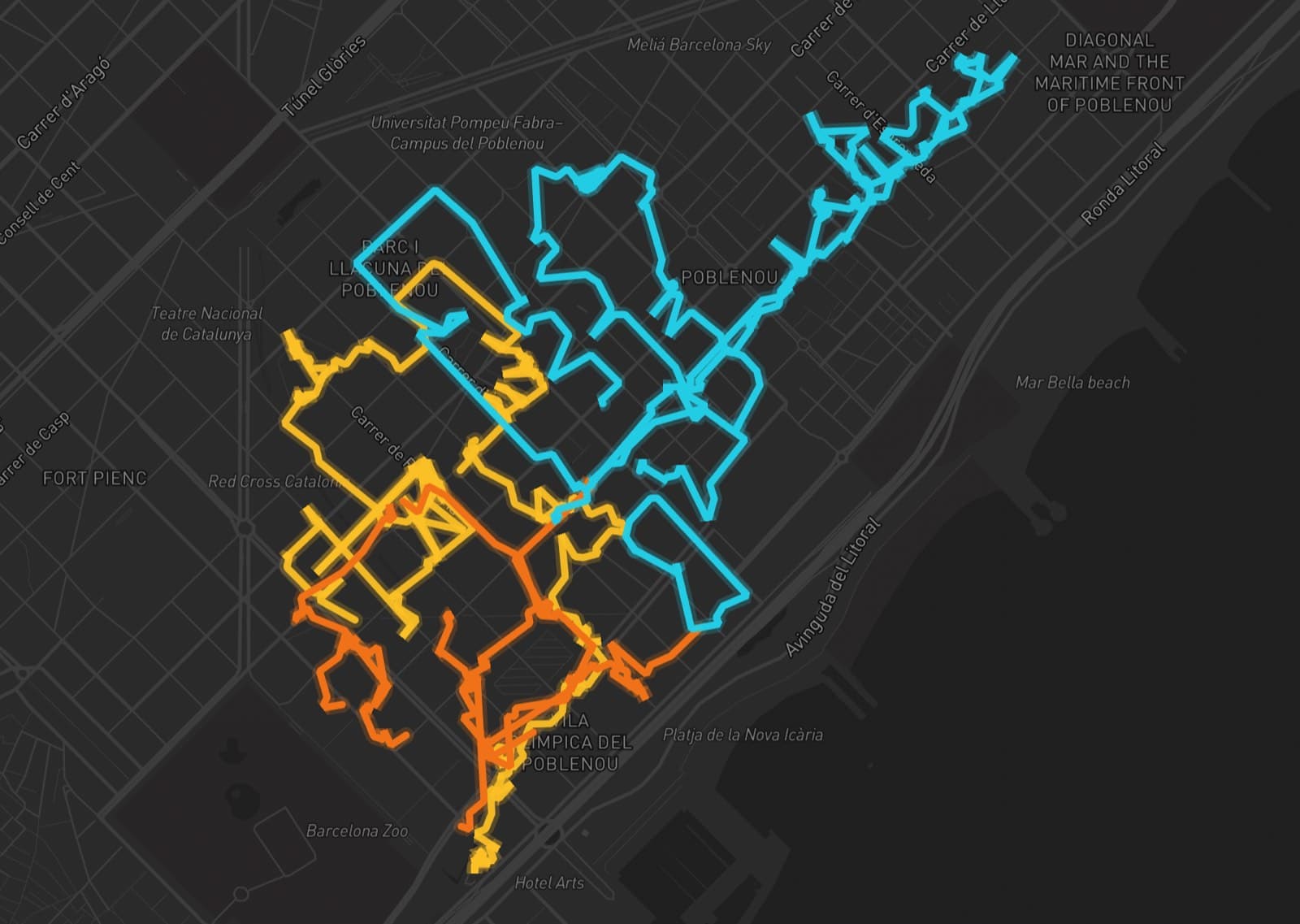 Mapa de cobertura GPS real de la campaña de buzoneo de un centro de fitness y bienestar por Poblenou, Barcelona