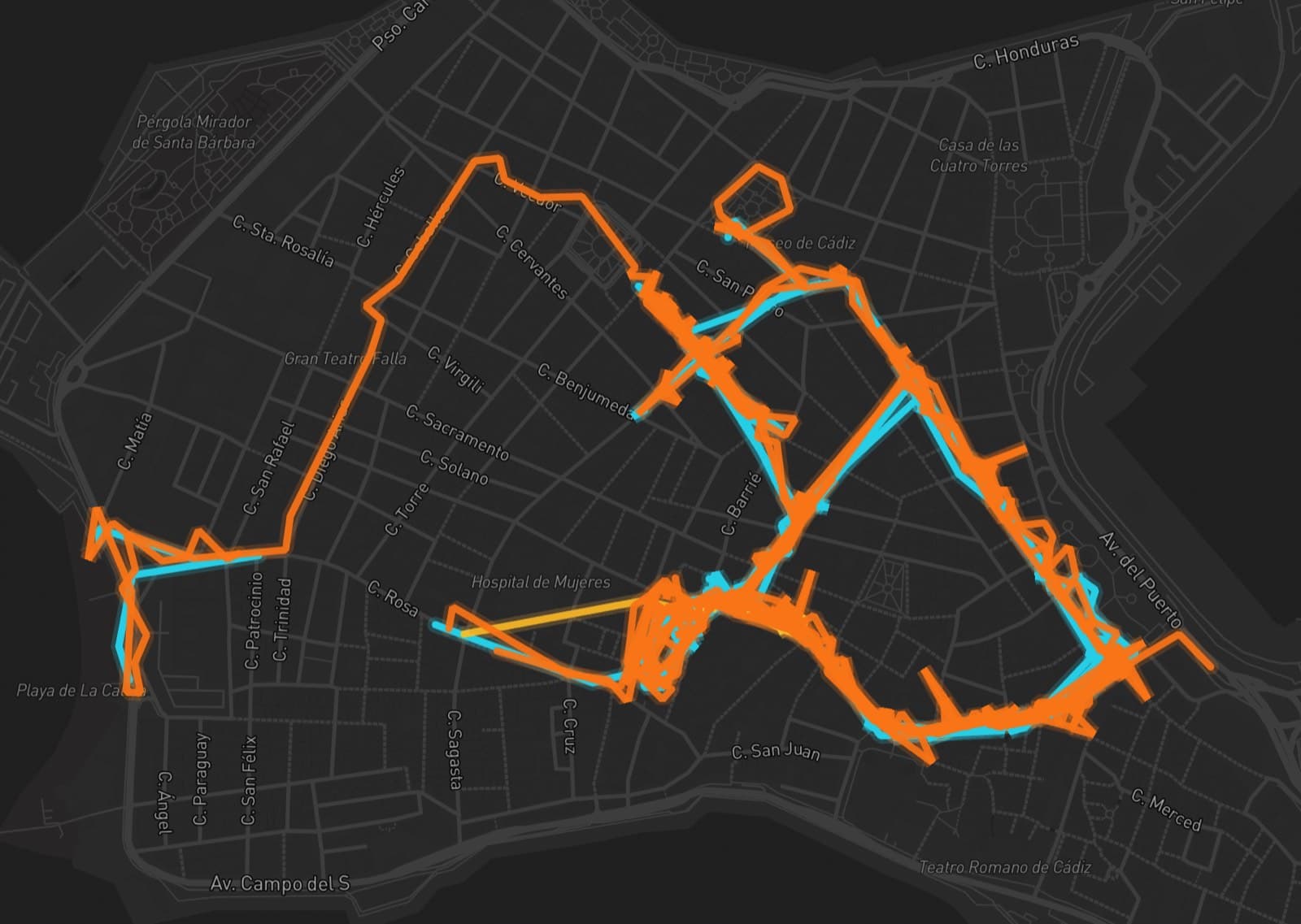 Mapa de cobertura GPS real de la campaña Molan Los 90 en el casco antiguo de Cádiz